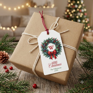 Elegant Red Christmas Monogram Wreath Gift Tags