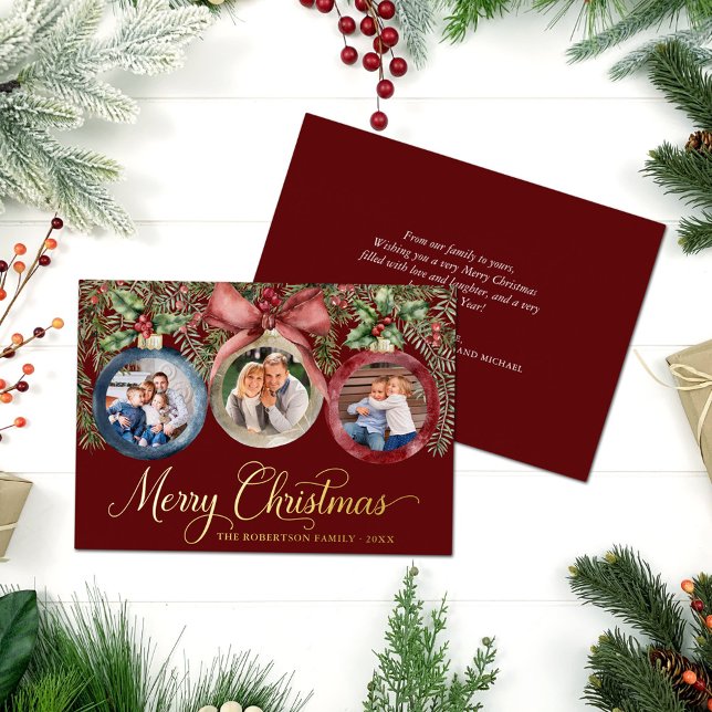 Elegant Red Christmas Ornament Family Photos Gold Foil Holiday Card (Creator Uploaded)