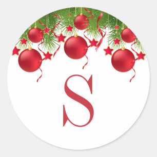 Elegant Red Christmas Ornaments Greenery Monogram Classic Round Sticker