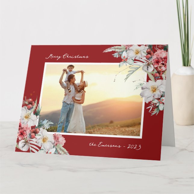 Elegant Red Christmas Photo Holiday Card (Front)