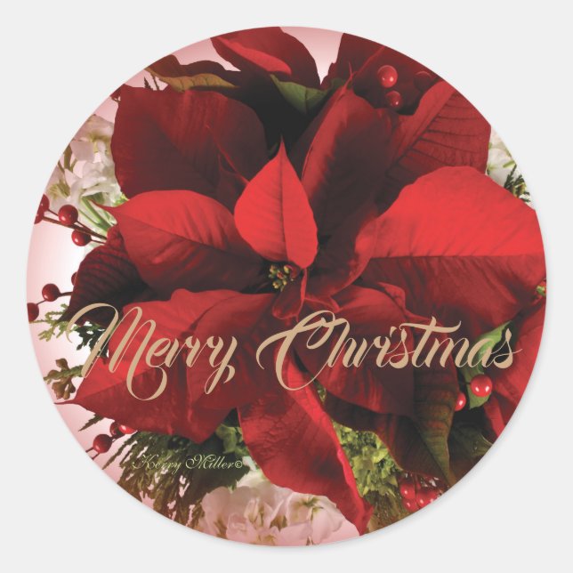 Elegant Red Christmas Poinsettia Classic Round Sticker (Front)