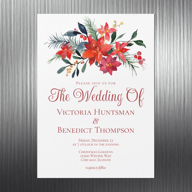 Elegant Red Christmas Poinsettia Floral Wedding Magnetic Invitation (Creator Uploaded)