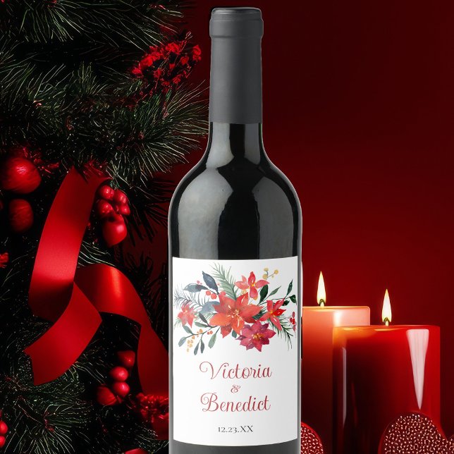 Elegant Red Christmas Poinsettia Wedding Custom Wine Label (Creator Uploaded)
