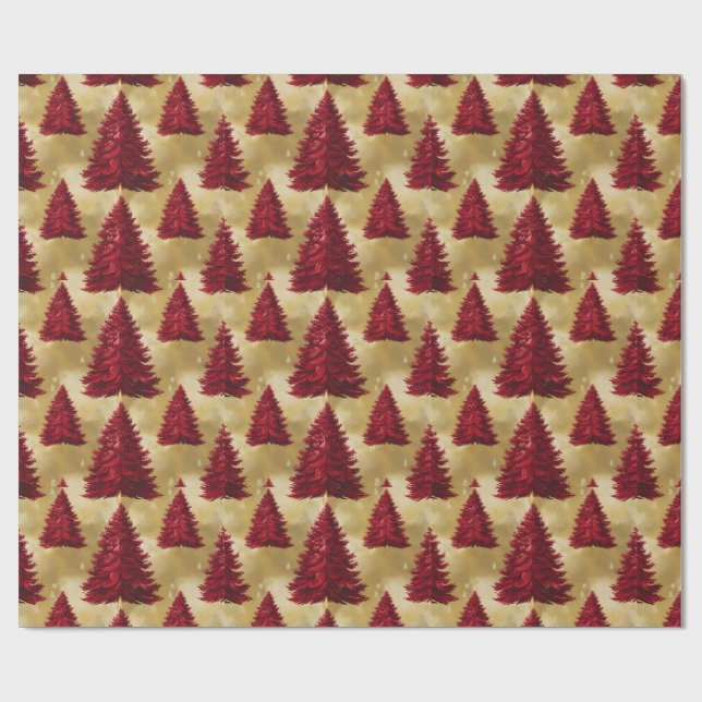 Elegant Red Christmas tree Gold  merry Xmas Patter Wrapping Paper (Flat)