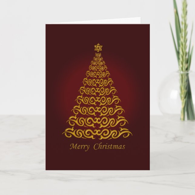Elegant Red Christmas Tree Greetings Card (Front)