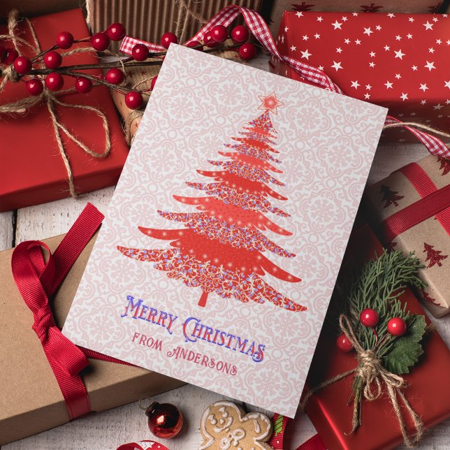 Elegant Red Christmas Tree Personalised Snowflake  Holiday Card (Creator Uploaded)
