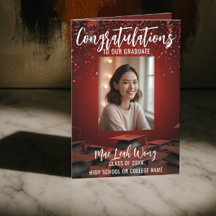 Elegant Red Confetti & Graduation Caps with Photo Card