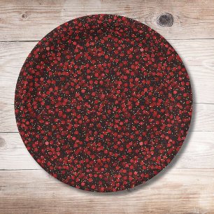 Elegant Red Confetti on Black Glitter Style Paper Plate