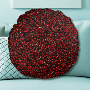 Elegant Red Confetti on Black Glitter Style Round Cushion