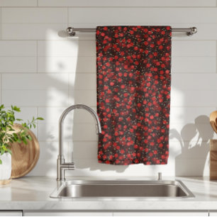 Elegant Red Confetti on Black Glitter Style Tea Towel