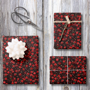 Elegant Red Confetti on Black Glitter Style Wrapping Paper Sheet