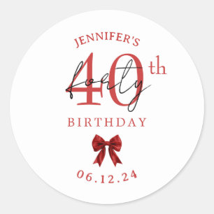 Elegant Red Coquette Bow 40th Birthday Party Classic Round Sticker
