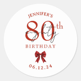Elegant Red Coquette Bow 80th Birthday Party Classic Round Sticker
