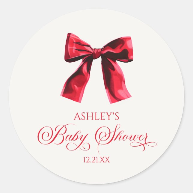 Elegant Red Coquette Bow Baby Shower Classic Round Sticker (Front)
