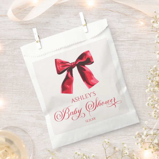 Elegant Red Coquette Bow Baby Shower Favour Bags (Clipped)