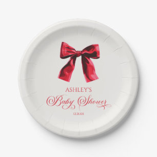 Elegant Red Coquette Bow Baby Shower Paper Plate