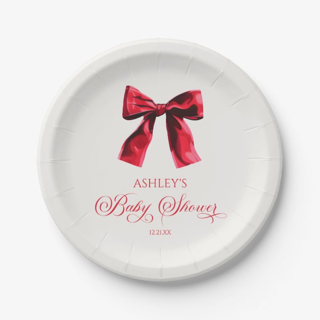 Elegant Red Coquette Bow Baby Shower Paper Plate (Front)