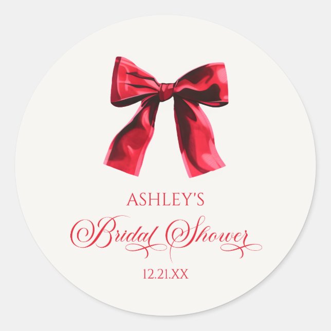Elegant Red Coquette Bow Bridal Shower Classic Round Sticker (Front)
