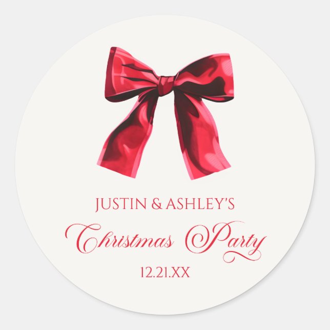 Elegant Red Coquette Bow Christmas Party Classic Round Sticker (Front)