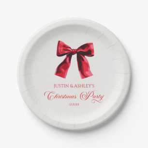 Elegant Red Coquette Bow Christmas Party Paper Plate