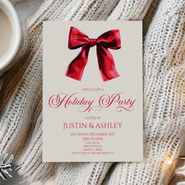 Elegant Red Coquette Bow Holiday Party Invitation (Creator Uploaded)