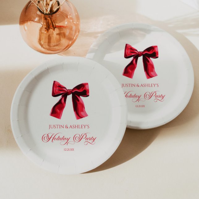 Elegant Red Coquette Bow Holiday Party Paper Plate (Creator Uploaded)
