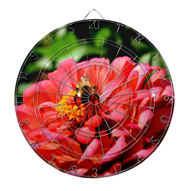 Elegant red coral floral cute bumble bee dartboard (Front)