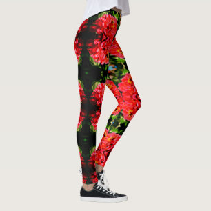 Elegant red coral floral cute bumble bee leggings