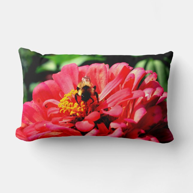 Elegant red coral floral cute bumble bee lumbar cushion (Front)