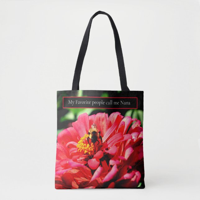 Elegant red coral floral cute bumble bee tote bag (Front)