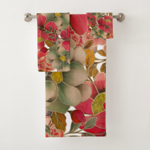 Elegant red coral green gold watercolor floral bath towel set