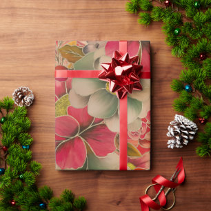 Elegant red coral green gold watercolor floral wrapping paper