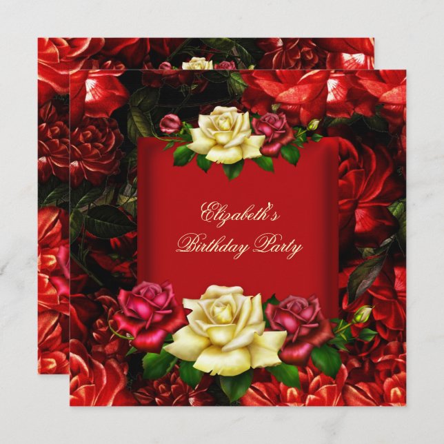Elegant Red Cream Gold Flowers Birthday Party 2 Invitation (Front/Back)