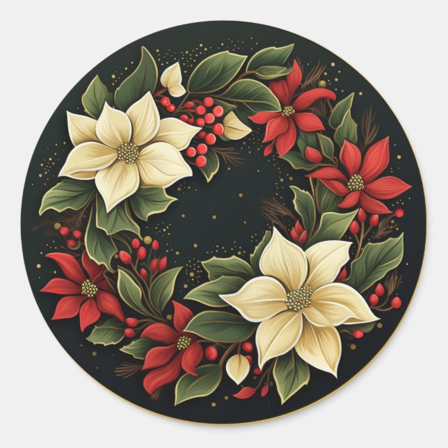 Elegant Red & Cream Winter Poinsettia Blooms Classic Round Sticker (Front)