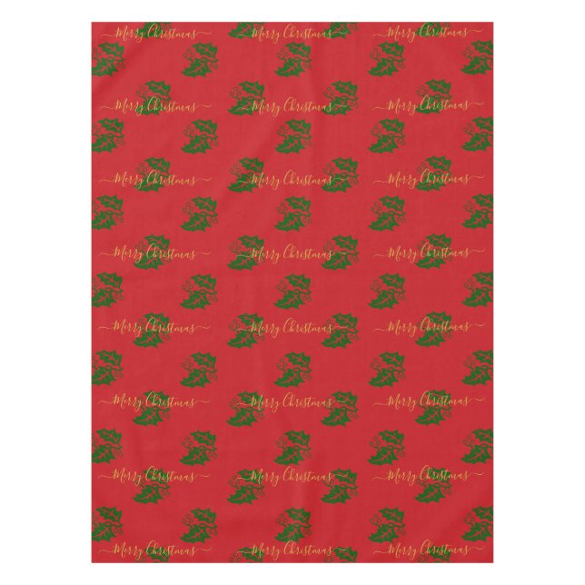 Elegant Red Custom Christmas Holly Tablecloth (Front)