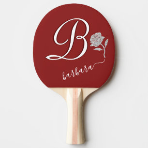 Elegant Red Custom Monogram Name Glitter Rose P Ping Pong Paddle