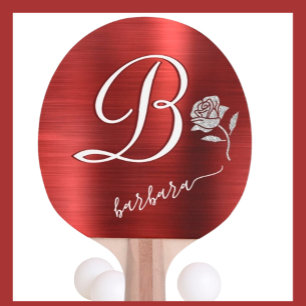Elegant Red Custom Monogram Name Glitter Rose    Ping Pong Paddle
