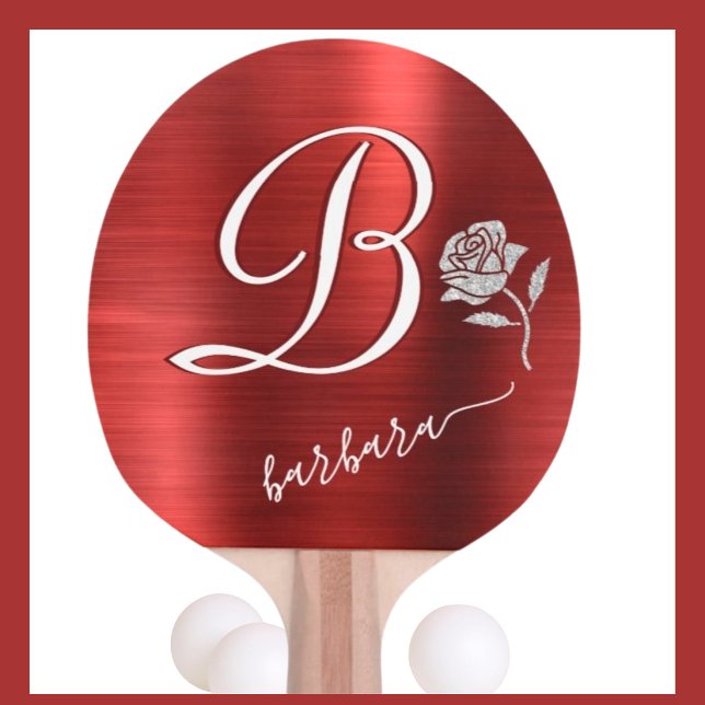 Elegant Red Custom Monogram Name Glitter Rose    Ping Pong Paddle (Creator Uploaded)