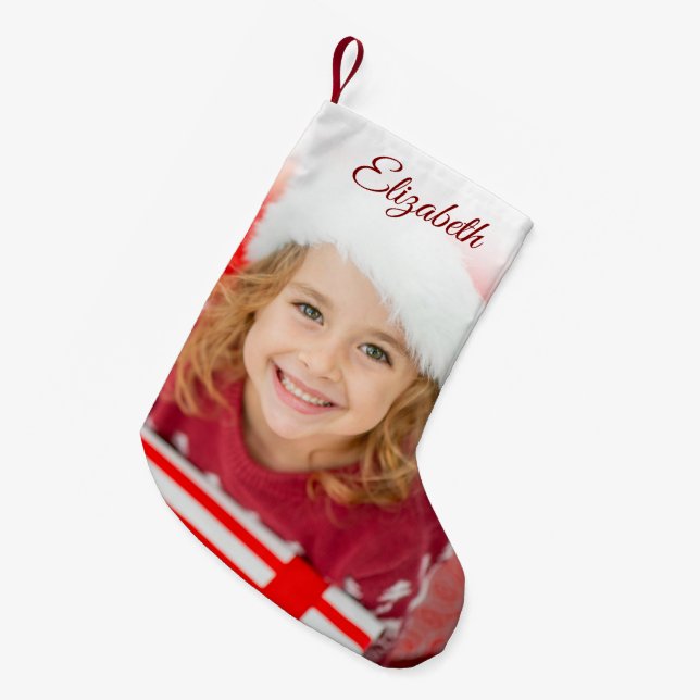 Elegant Red Custom Name Photo Small Christmas Stocking (Front (Hanging))