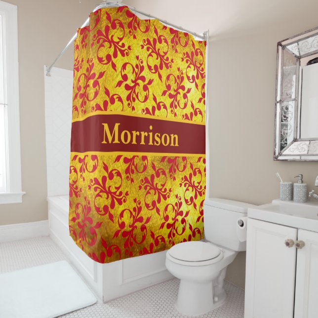 Elegant Red Damask and Gold Texture  Shower Curtain (In Situ)