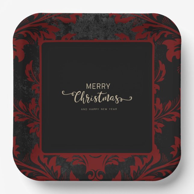 Elegant red damask Christmas custom Paper Plates (Front)
