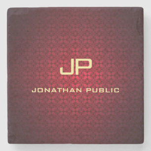 Elegant Red Damask Monogram Nostalgic Template Stone Coaster