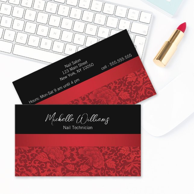 Elegant Red Damask Nail Technician Business Card (Creator Uploaded)