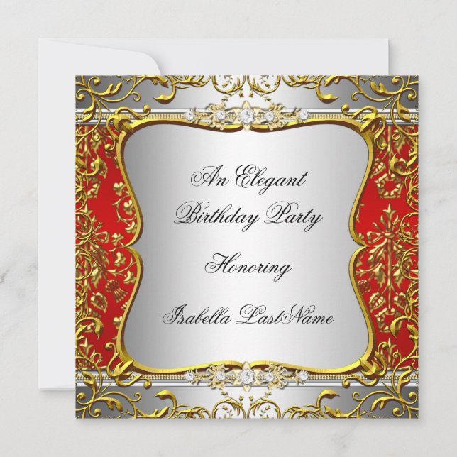 Elegant Red Damask Silver Gold Birthday Party Invitation (Front)