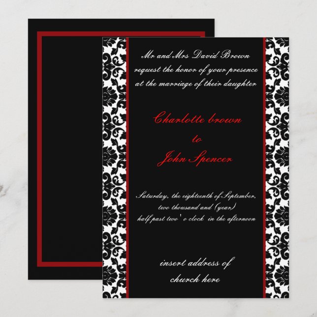 elegant red damask wedding invitation (Front/Back)
