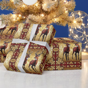 Elegant Red Deer Moose Gold merry Xmas Pattern Wrapping Paper
