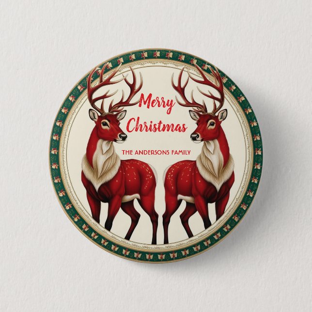 Elegant Red Deer Moose Gold Snow merry Xmas party 6 Cm Round Badge (Front)