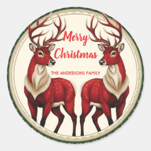 Elegant Red Deer Moose Gold Snow merry Xmas party Classic Round Sticker
