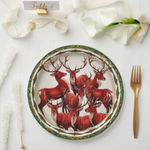 Elegant Red Deer Moose Gold Snow merry Xmas party Paper Plate