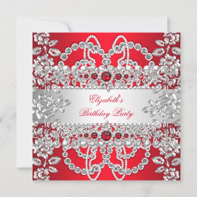Elegant Red Diamonds Silver Floral Birthday Party Invitation (Front)